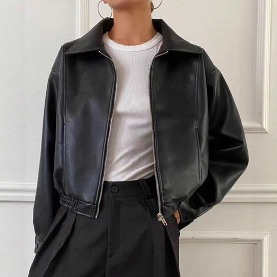 Damen Oversized Lederjacke im Bomberstil mit elastischem Saum Nord Taschen