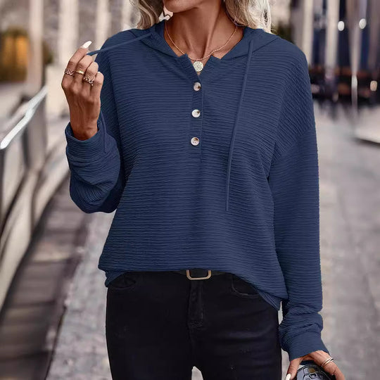 Damen Texturierter Kapuzen-Henleypullover mit Knopfleiste Nord Taschen