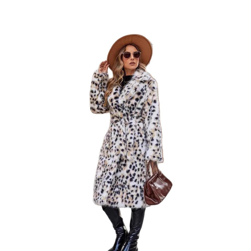 Damen Midi-Kunstpelzmantel mit Leopardenprint, tailliertem Bindegürtel und Schalkragen Nord Taschen