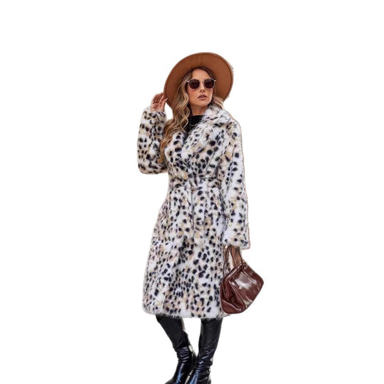 Damen Midi-Kunstpelzmantel mit Leopardenprint, tailliertem Bindegürtel und Schalkragen Nord Taschen