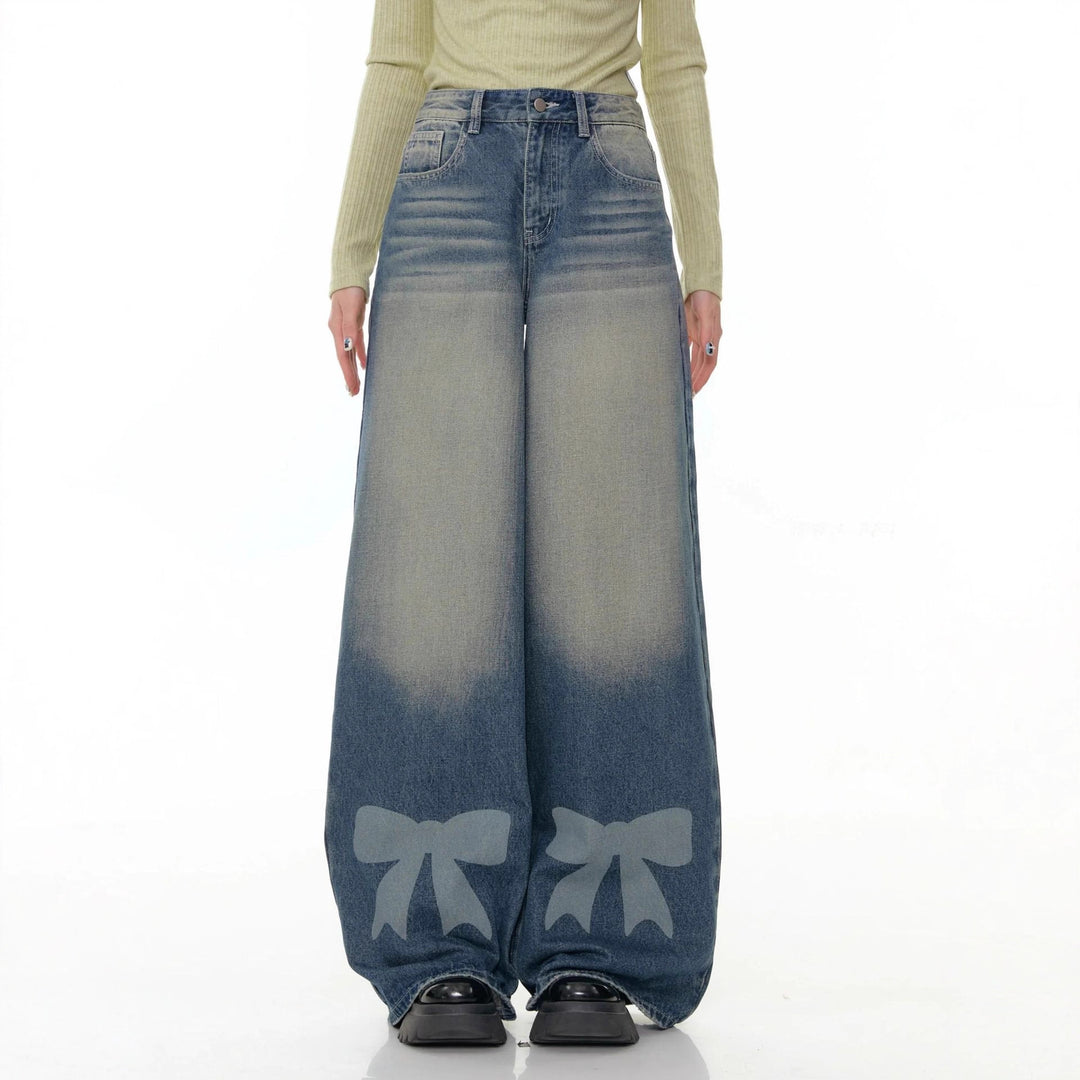 Damen hochtaillierte Palazzohose aus Denim mit extra weitem Bein und Schleifenprint Nord Taschen