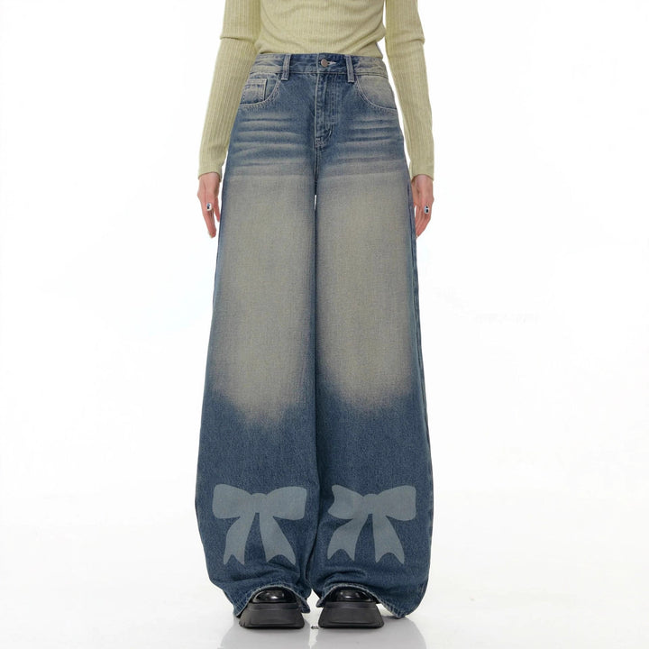 Damen hochtaillierte Palazzohose aus Denim mit extra weitem Bein und Schleifenprint Nord Taschen