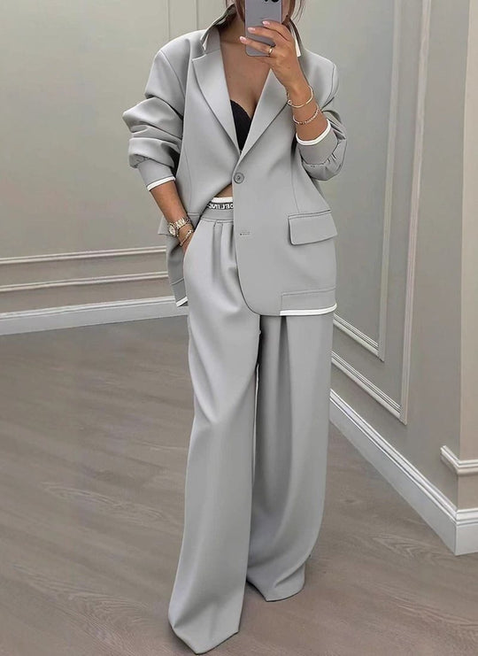 Damen Oversize-Blazer mit Kontrastbesatz und High‑Waist Palazzo‑Hose Zweiteiler Nord Taschen