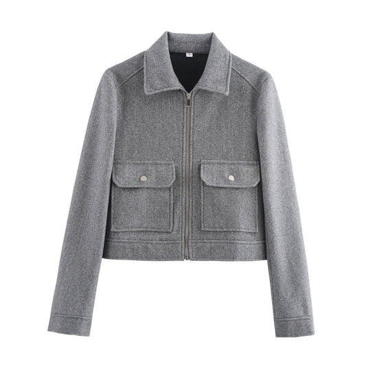 Damen Kurz geschnittene Wollmix-Jacke mit Hemdkragen, Reißverschluss und aufgesetzten Klappentaschen Nord Taschen