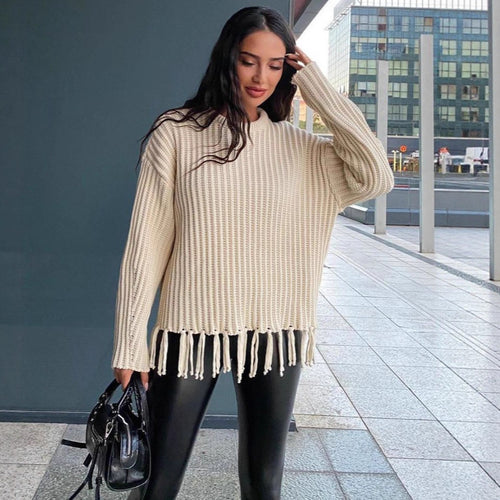 Damen lässiger Rippstrick-Pullover mit Fransen-Saum und Oversize-Silhouette Nord Taschen