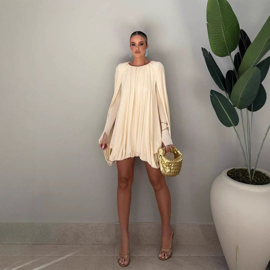 Damen Plissiertes Cocktail-Minikleid mit langen eng anliegenden Ärmeln und balloniertem Saum Nord Taschen