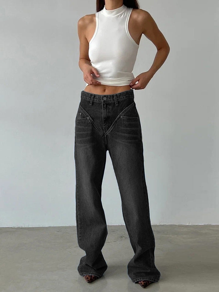 Damen hochgeschnittene weite Denim-Hose mit V-förmiger Bundnaht und extra-langem Bein Nord Taschen