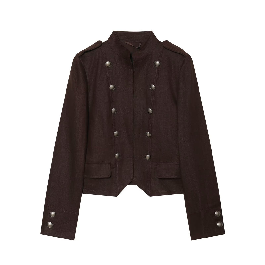 Damen Cropped Feldjacke im Militärstil mit Stehkragen, Epauletten und doppelter Zierknopfleiste Nord Taschen