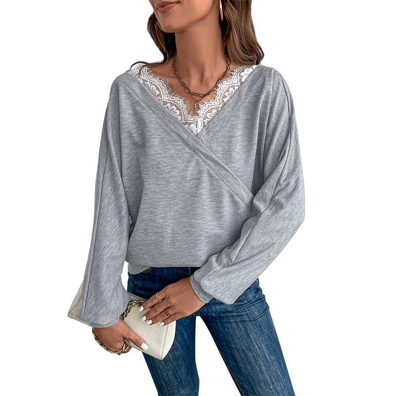 Damen Oversized Wickel-Longsleeve mit Spitzenblende und weitem Arm Nord Taschen