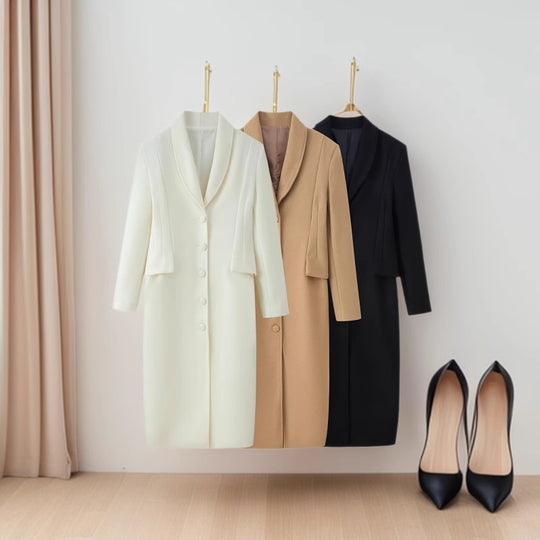 Damen Taillierter Longline-Wollmix-Mantel mit Schalkragen und verdeckter Knopfleiste Nord Taschen