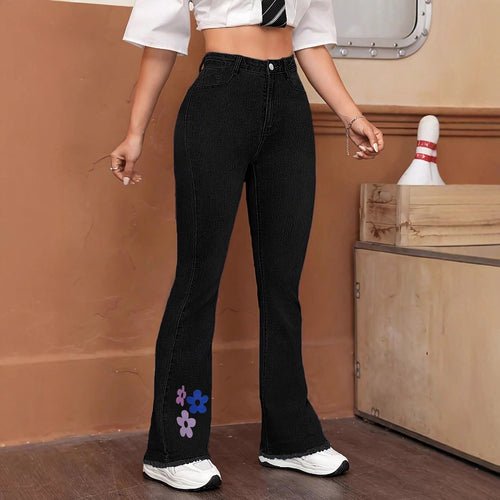 Damen High-Waist Denim-Jeans mit leicht ausgestelltem Bein und Blumen-Print Nord Taschen