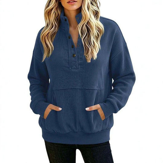 Damen gerippter Henley-Pullover mit Stehkragen und Kängurutasche Nord Taschen