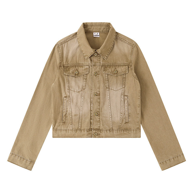 Damen Kurze Jeansjacke im Vintage-Stil mit Knopfleiste, Brusttaschen und figurnahem Schnitt Nord Taschen