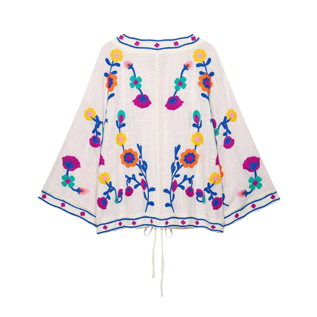 Damen Bestickter Kimono-Blouson mit Tunnelzug und floraler Stickerei Nord Taschen