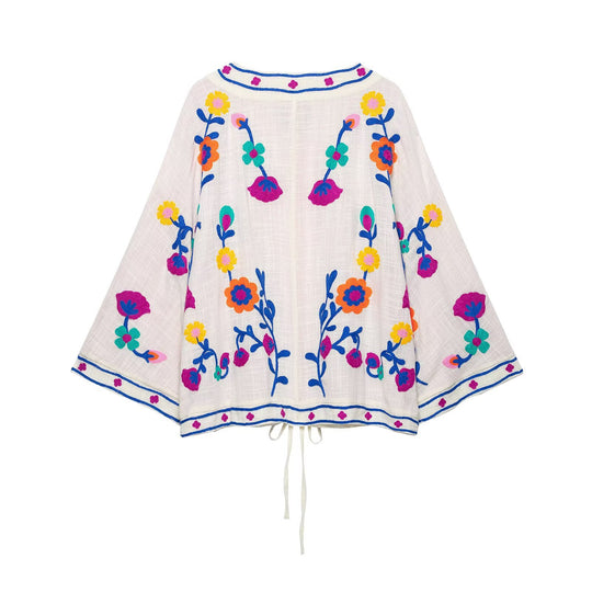 Damen Bestickter Kimono-Blouson mit Tunnelzug und floraler Stickerei Nord Taschen