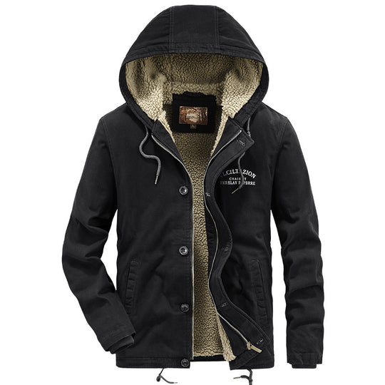 Herren Canvas-Kapuzenjacke mit durchgehendem Teddyfutter, Zwei-Wege-Reißverschluss und Kordzugsaum Nord Taschen