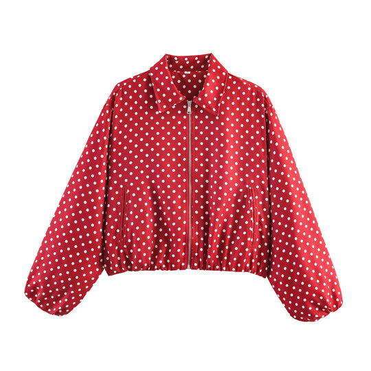 Damen Kurzjacke im Harrington‑Stil mit Polka‑Dot‑Muster, Ballonärmeln und elastischem Saum Nord Taschen
