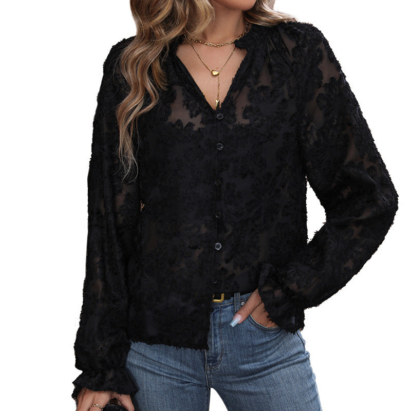 Damen Transparente Bluse mit floraler Chenille-Applikation, Knopfleiste und Rüschenmanschetten Nord Taschen