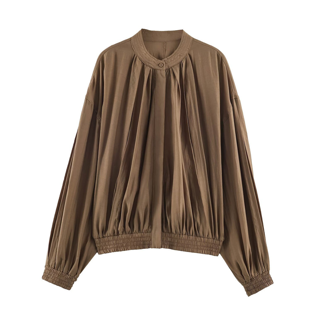 Damen Leichte Plissierte Blousonjacke mit Rundkragen, Ballonärmeln und gesmoktem Saum Nord Taschen