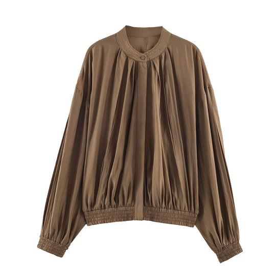 Damen Leichte Plissierte Blousonjacke mit Rundkragen, Ballonärmeln und gesmoktem Saum Nord Taschen