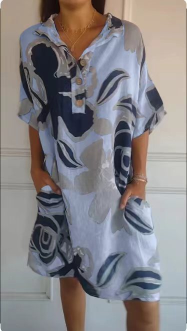 Damen luftiges Strandkleid mit modischem Muster und seitlichen Taschen