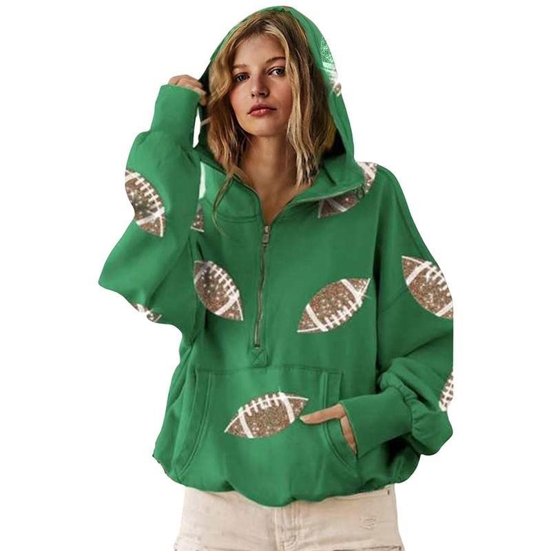 Damen Oversized Kapuzenpullover mit halbem Reißverschluss und Pailletten‑Football-Applikation Nord Taschen