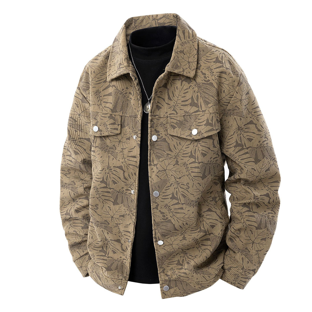 Herren Kordjacke im Truckerstil mit tonalem Blattmuster, Druckknopf‑Front und Pattentaschen Nord Taschen