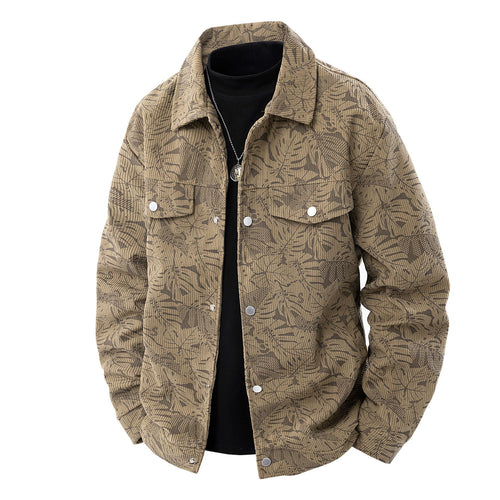 Herren Kordjacke im Truckerstil mit tonalem Blattmuster, Druckknopf‑Front und Pattentaschen Nord Taschen