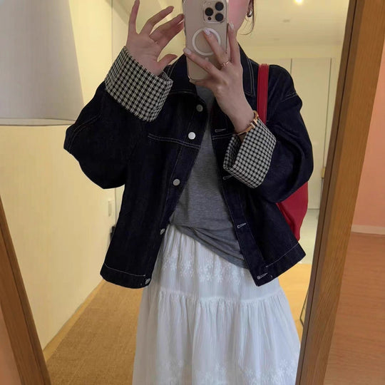 Damen Oversized Jeansjacke mit kontrastiertem Karo-Futter und Umschlagmanschetten Nord Taschen