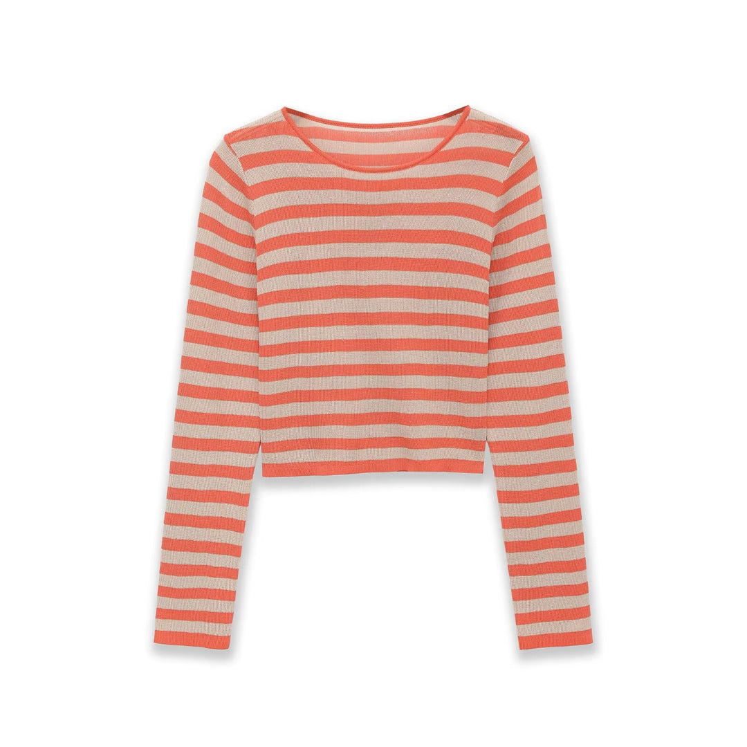 Damen Gestreifter Cropped Feinstrickpullover mit Rundhalsausschnitt Nord Taschen
