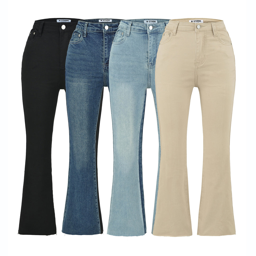 Damen Highwaist-Schlaghose aus Stretch-Denim mit fünf Taschen und rohem Saum Nord Taschen