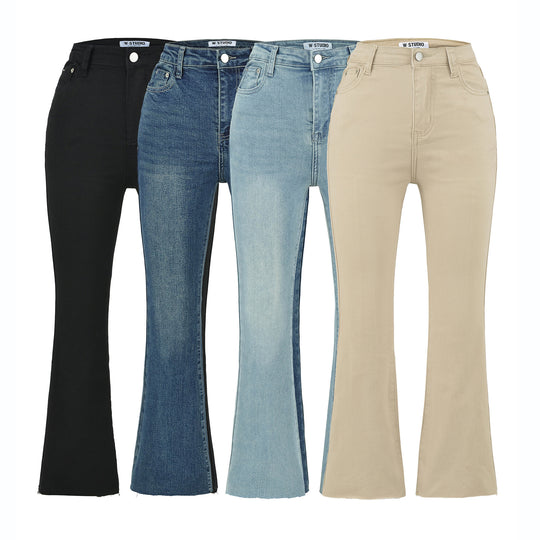 Damen Highwaist-Schlaghose aus Stretch-Denim mit fünf Taschen und rohem Saum Nord Taschen