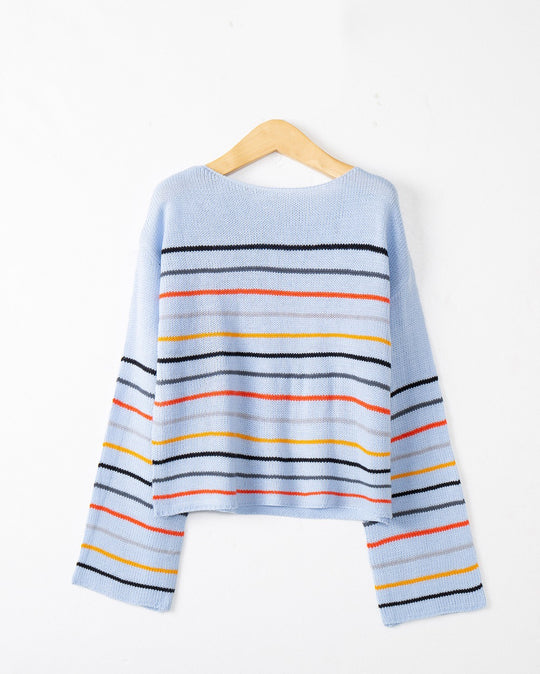 Damen Kurzgeschnittener Feinstrick-Pullover mit Rundhalsausschnitt, mehrfarbigen Horizontalstreifen und überschnittenen Schultern Nord Taschen