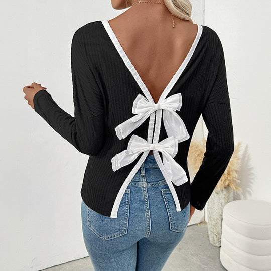 Damen Rückfreies Rippstrick-Longsleeve mit Zierschleifen Nord Taschen