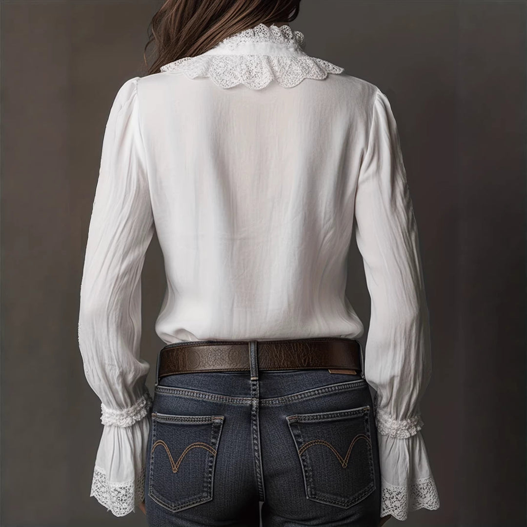 Damen elegante Bluse mit Rüschendetails und Spitzenbesatz