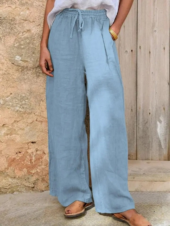 Damen Hochgeschnittene Leinenpalazzo-Hose mit Kordelzug und weitem Bein Nord Taschen