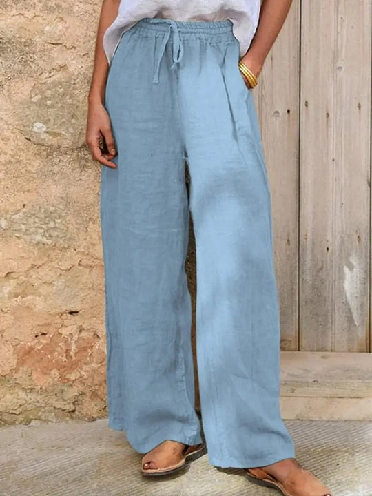 Damen Hochgeschnittene Leinenpalazzo-Hose mit Kordelzug und weitem Bein Nord Taschen
