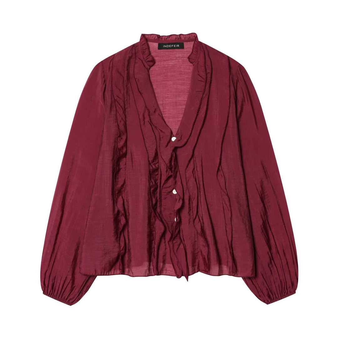 Damen Leichte Chiffon-Bluse mit Volantknopfleiste und Ballonärmeln Nord Taschen