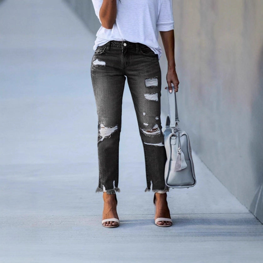 Damen Cropped Destroyed-Jeans mit hohem Bund, geradem Bein & rohem Fransen-Saum Nord Taschen