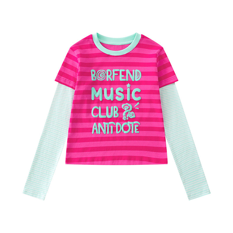 Damen Lagen-Langarmshirt im Layer-Look mit kontrastierenden Streifenärmeln und typografischem Print Nord Taschen