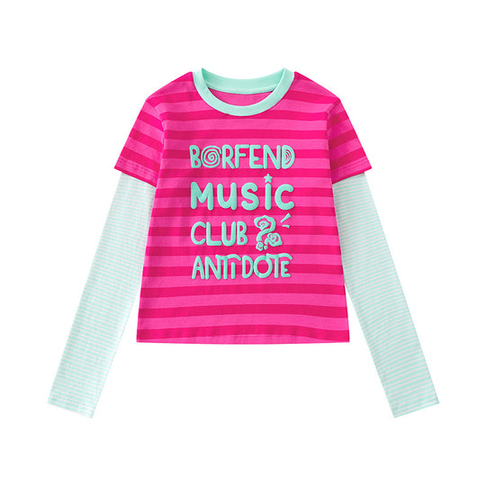 Damen Lagen-Langarmshirt im Layer-Look mit kontrastierenden Streifenärmeln und typografischem Print Nord Taschen