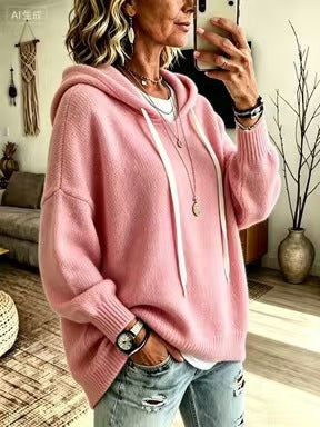 Damen Oversize-Kapuzensweater aus feinem Strick mit gerippten Bündchen Nord Taschen