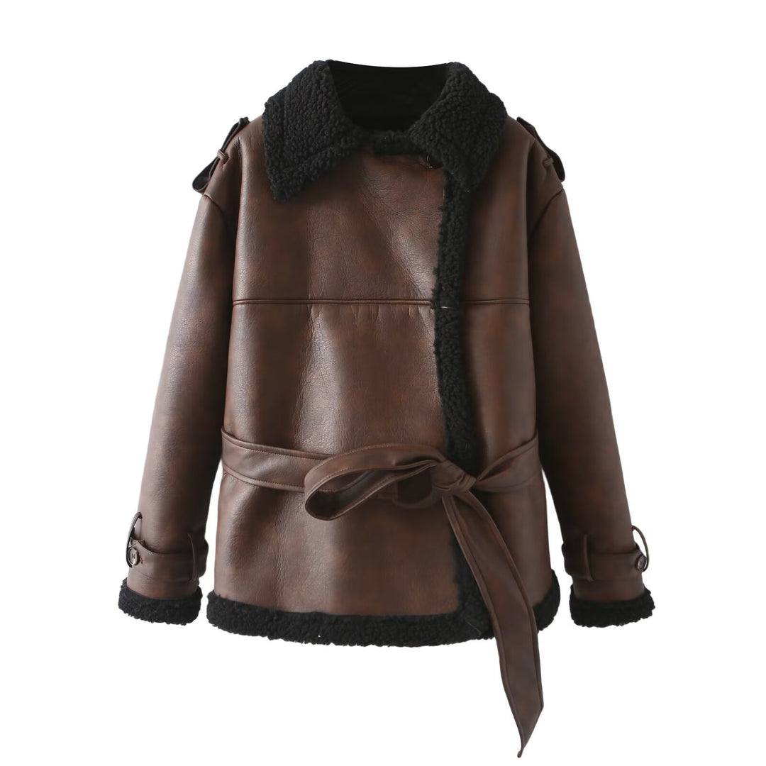 Damen Taillierter Aviator-Mantel aus Kunstleder mit Teddyfutter und Bindegürtel Nord Taschen