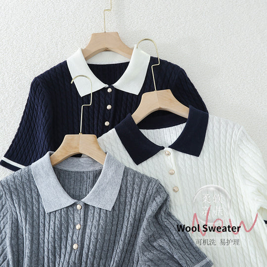 Damen Kurzarm Strickpoloshirt mit Zopfmuster und Kontrastkragen Nord Taschen