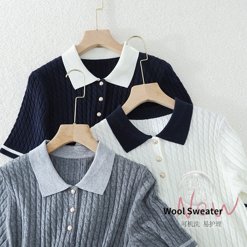 Damen Kurzarm Strickpoloshirt mit Zopfmuster und Kontrastkragen Nord Taschen