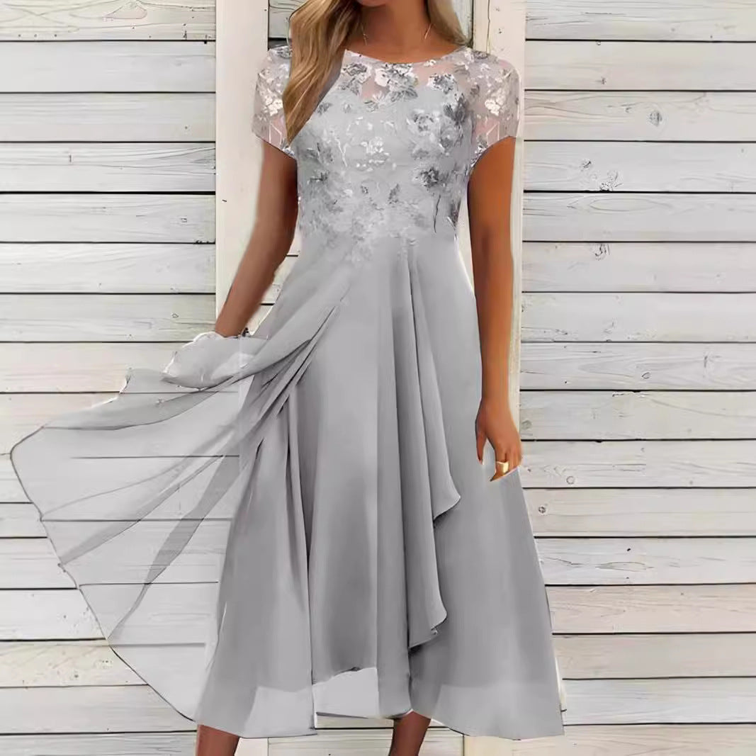 Damen nan fließendes Chiffon-Midikleid mit blumenbesticktem Oberteil und asymmetrischem Stufenrock - Vittorelli