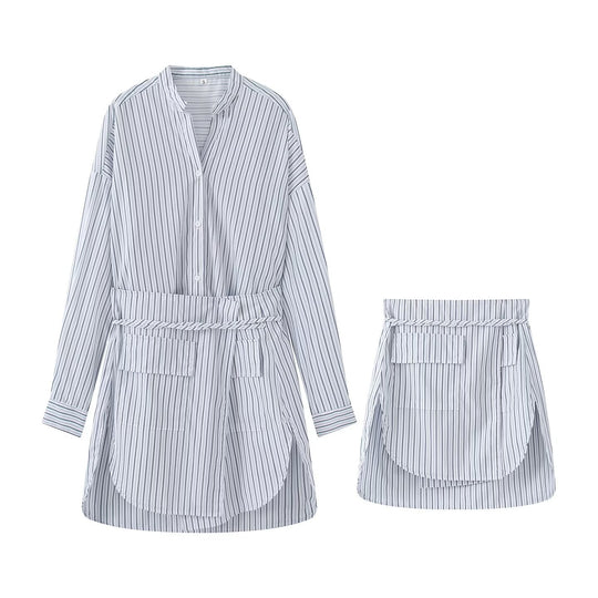 Damen Zweiteiliges gestreiftes Hemdblusen-Minikleid mit Wickel-Taillengürtel und separatem Minirock Nord Taschen