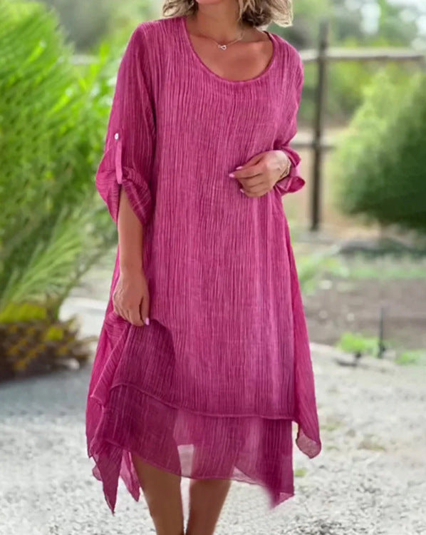 Damen nan weites Musselin-Midikleid mit rundem Halsausschnitt, krempelbaren halblangen Ärmeln und mehrlagigem Stufenrock
