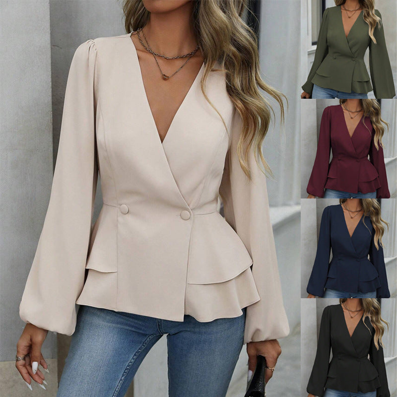 Damen taillierter Blazer mit Volant-Peplum und Ballonärmeln Nord Taschen