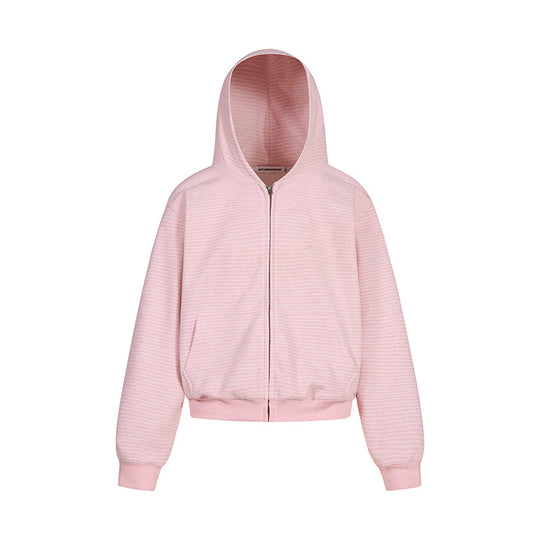 Damen Kurz geschnittene Kapuzen-Sweatjacke mit kurzem Bund, Streifenstruktur und Reißverschluss Nord Taschen